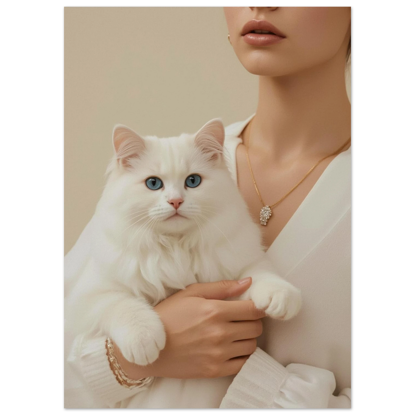 Närbild på fluffig vit katt med intensiv blick – elegant väggkonst