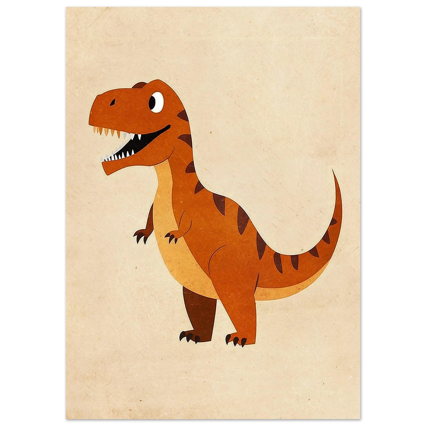 Närbild på en leende T-Rex i profil, orange illustration för barnrum