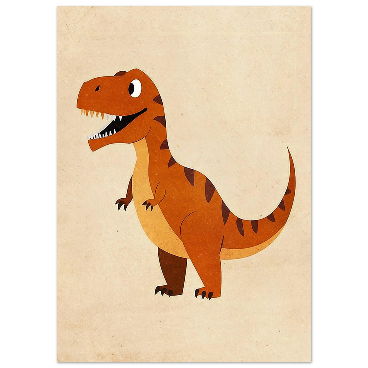 Närbild på en leende T-Rex i profil, orange illustration för barnrum