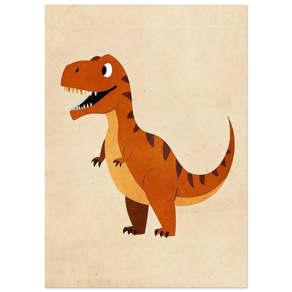 Närbild på en leende T-Rex i profil, orange illustration för barnrum