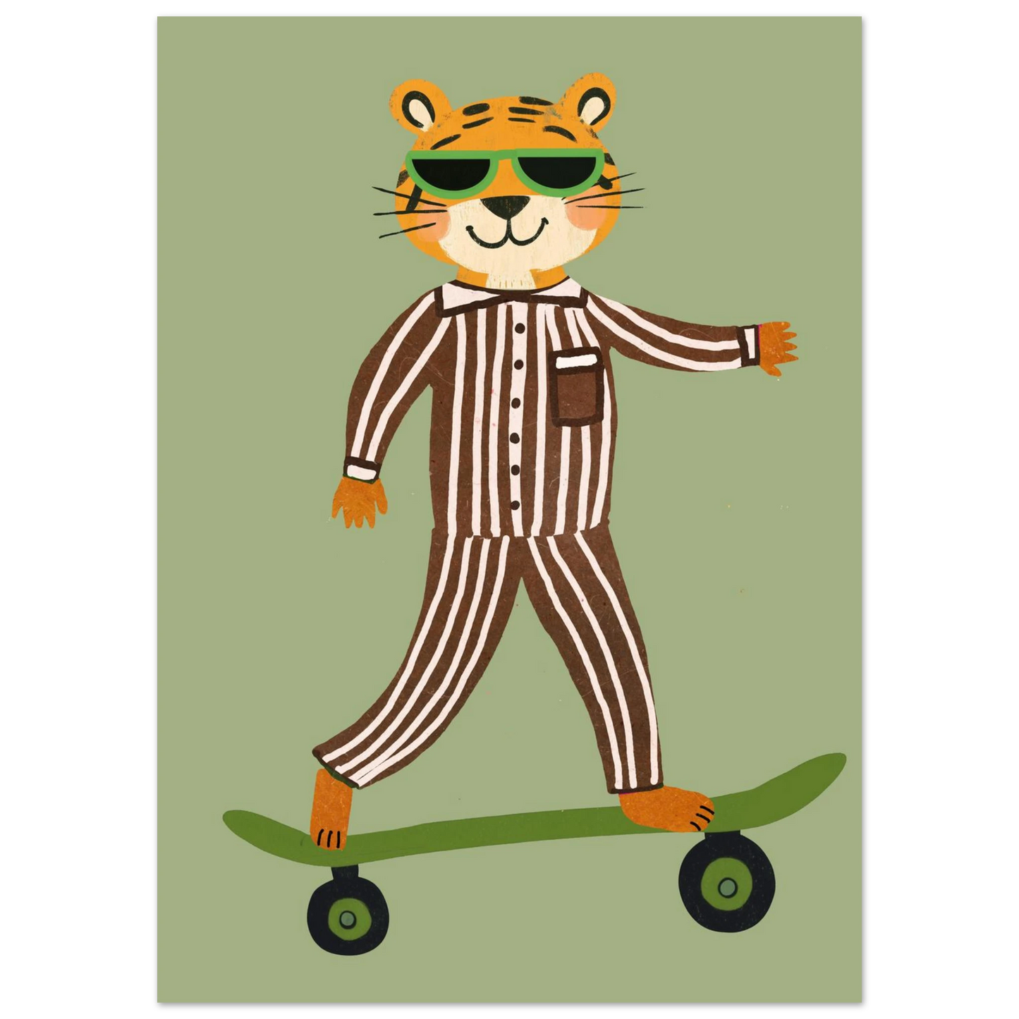Cool tiger med gröna solglasögon på skateboard – grafisk illustration