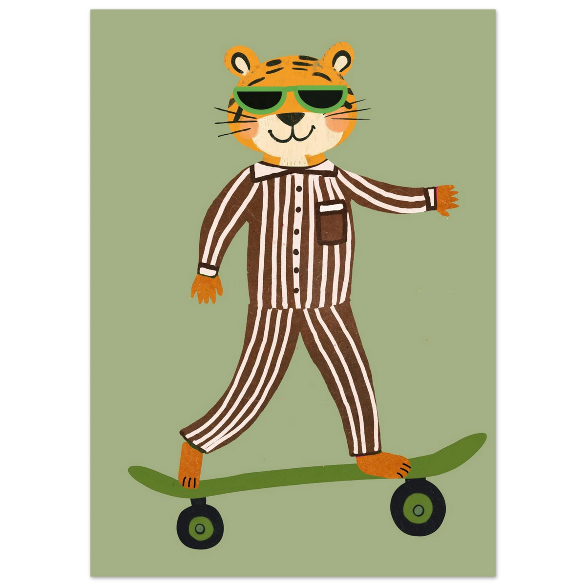 Cool tiger med gröna solglasögon på skateboard – grafisk illustration