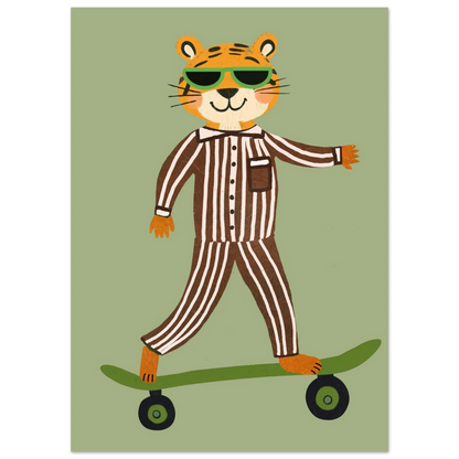 Cool tiger med gröna solglasögon på skateboard – grafisk illustration