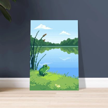 Grön groda vid lugn sjö, pixelkonst, fridfull natur.