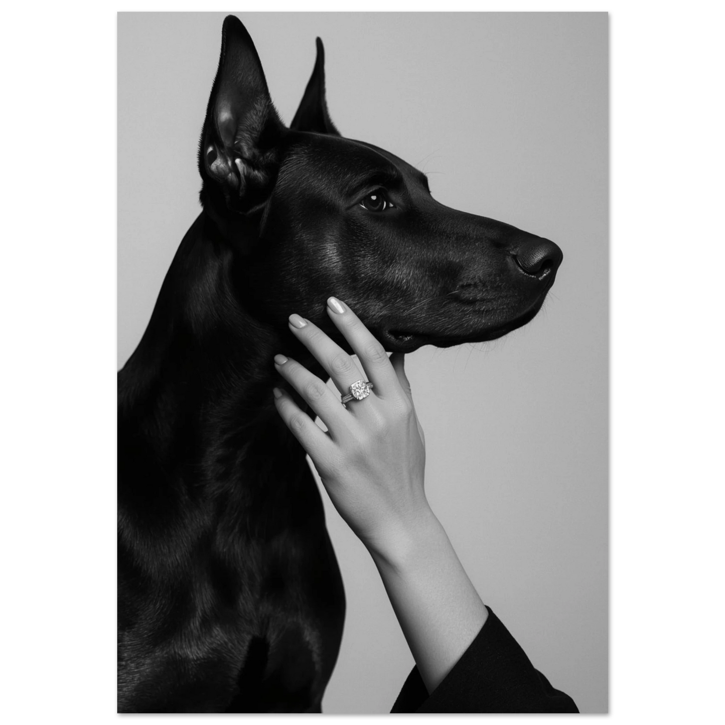 Svartvit fotokonst av en Dobermann i profil med en hand