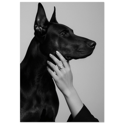 Svartvit fotokonst av en Dobermann i profil med en hand