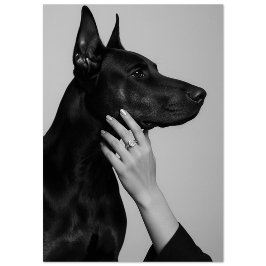Svartvit fotokonst av en Dobermann i profil med en hand