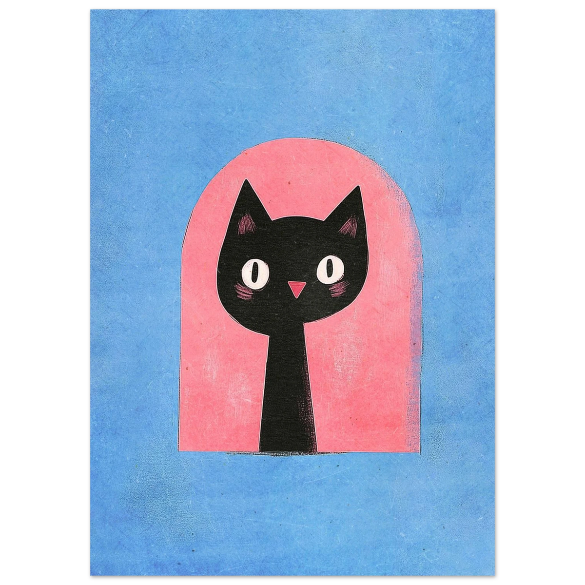 Närbild på grafisk illustration av svart katt mot blå bakgrund