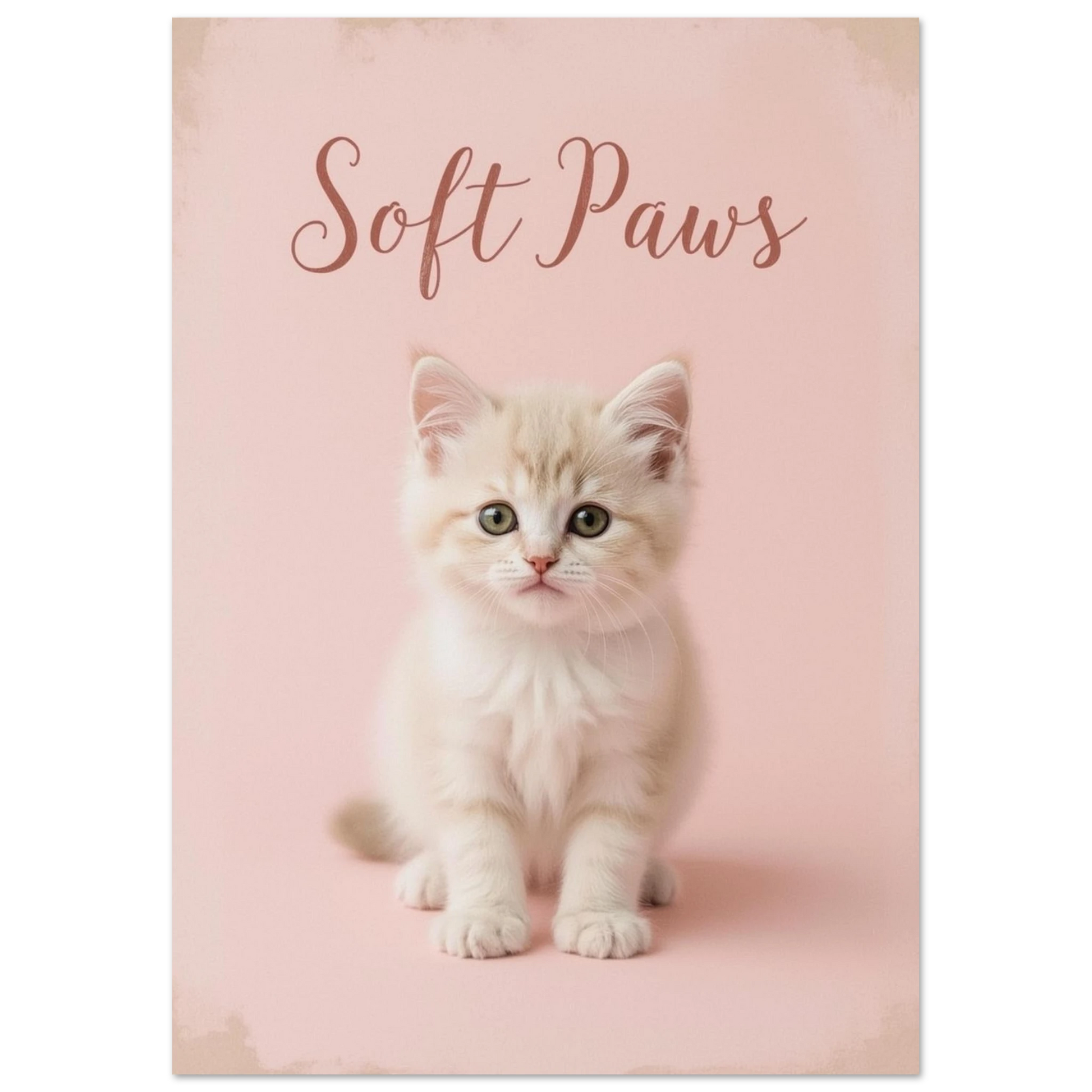 Söt kattposter med ljusbrun kattunge och texten Soft Paws i skrivstil