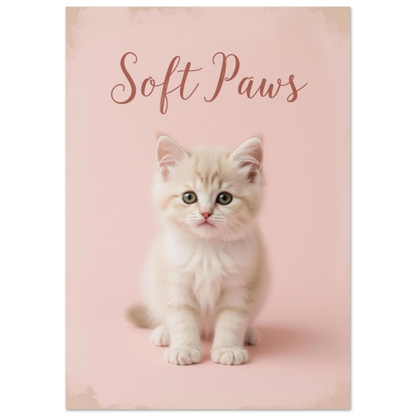 Söt kattposter med ljusbrun kattunge och texten Soft Paws i skrivstil