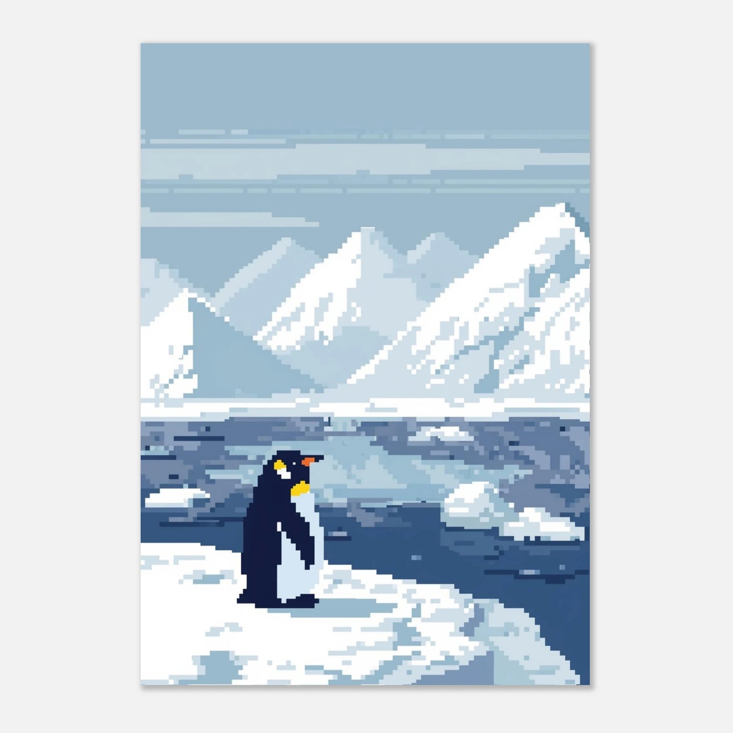 Stämningsfull djurposter med pingvin i kalla blå nyanser och pixeldesign