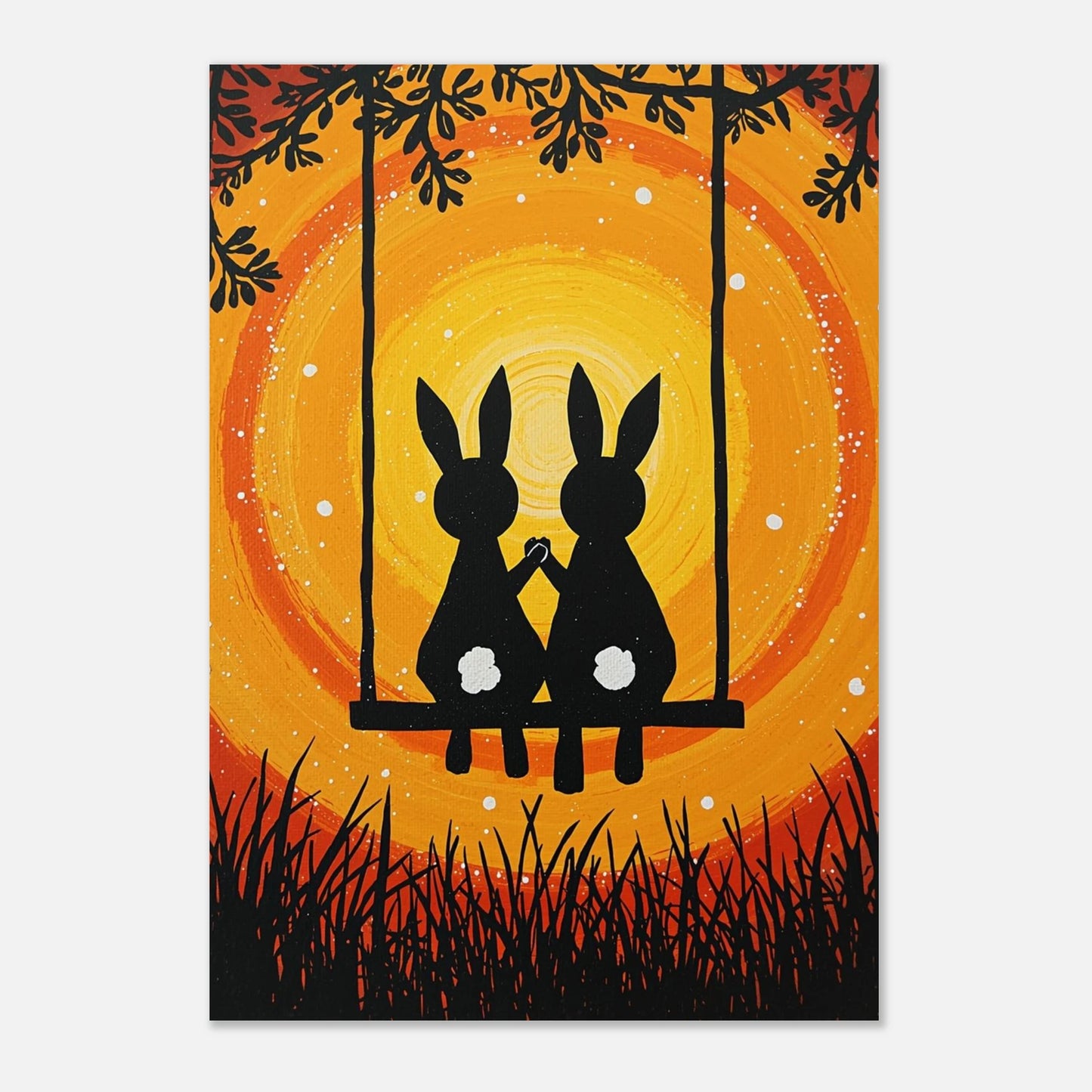 Minimalistisk kaninposter med svarta silhuetter mot en cirkulär orange sol
