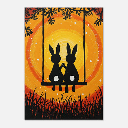 Minimalistisk kaninposter med svarta silhuetter mot en cirkulär orange sol