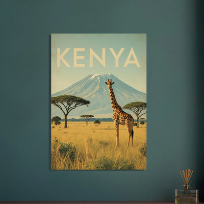 Vintage poster med giraff på savannen, Kilimanjaro i bakgrunden, Kenya.