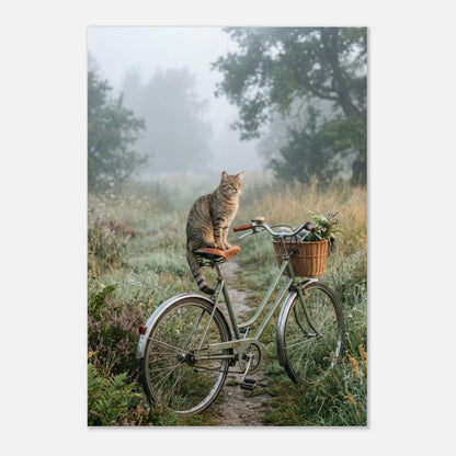 Närbild på katt på cykel i ett mystiskt dimhöljt landskap – canvastryck