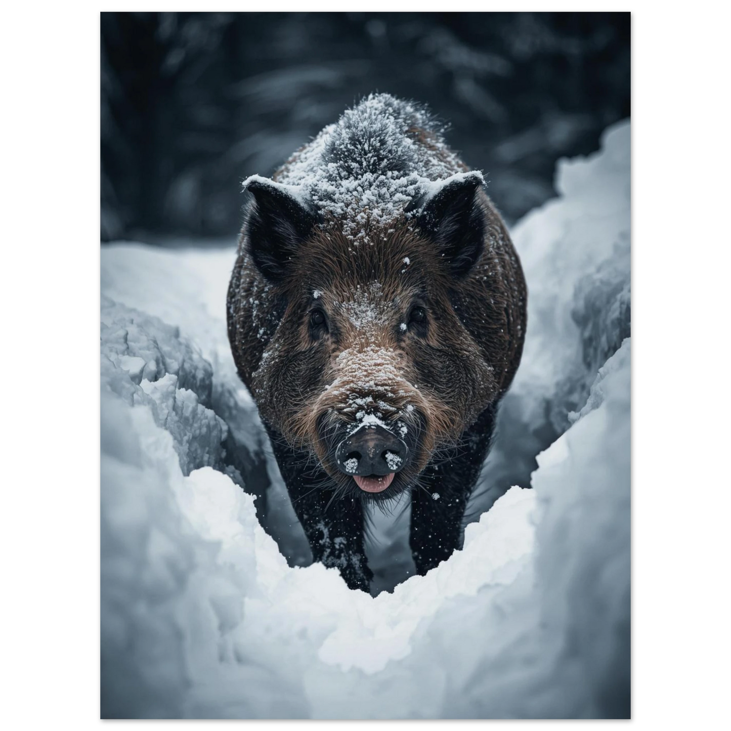 Vildsvinets vinterfärd genom orörd snö, stämningsfull fotokonst