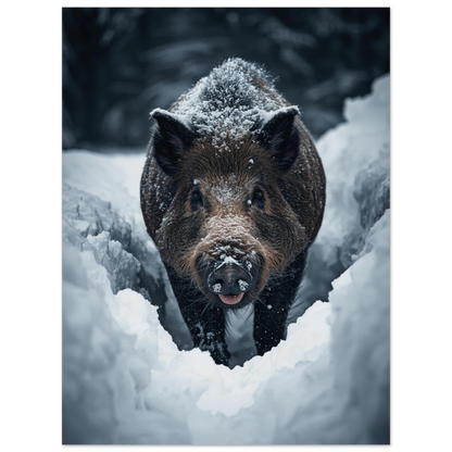 Vildsvinets vinterfärd genom orörd snö, stämningsfull fotokonst