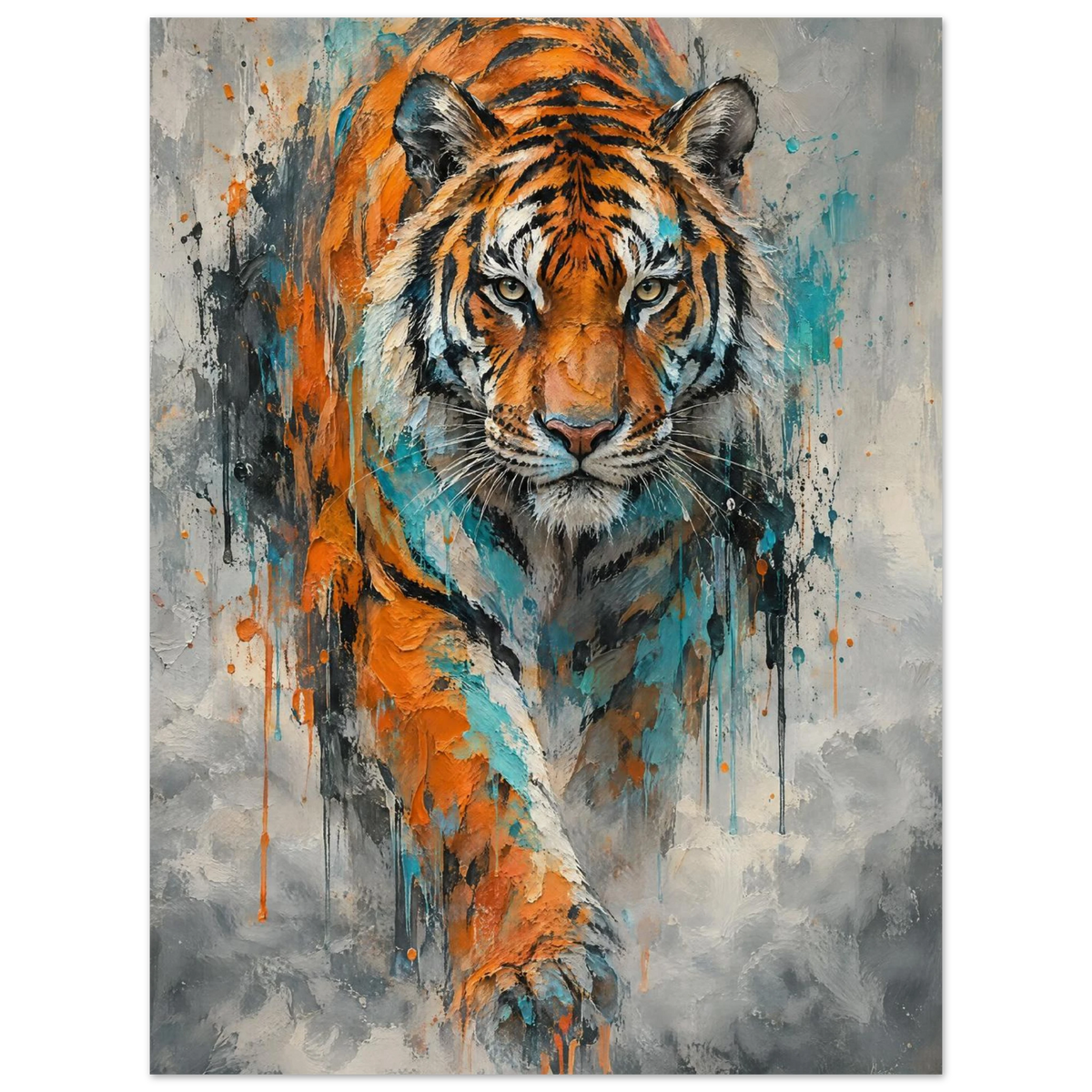 Tiger i expressiv oljemålning med intensiv blick och färgstänk