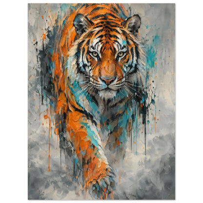 Tiger i expressiv oljemålning med intensiv blick och färgstänk