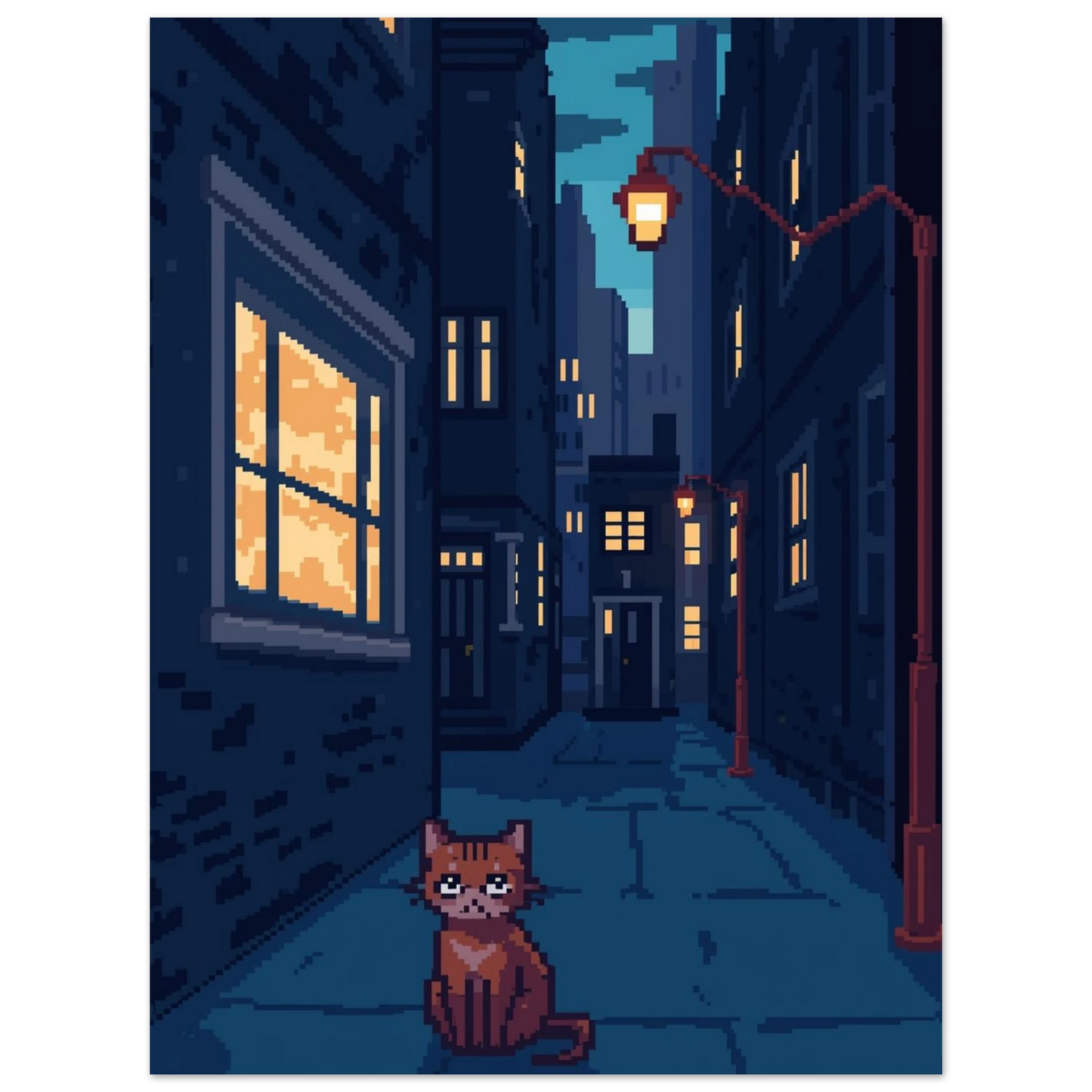 Nattlig stadsscen i pixelstil med katt och svarta kanter
