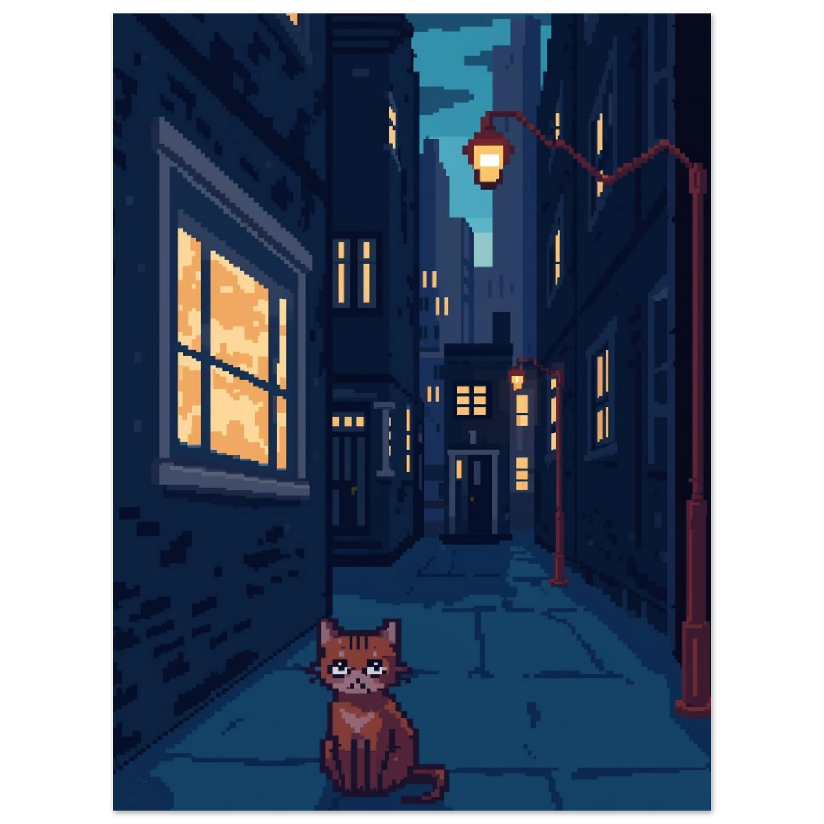 Nattlig stadsscen i pixelstil med katt och svarta kanter