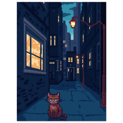 Nattlig stadsscen i pixelstil med katt och svarta kanter