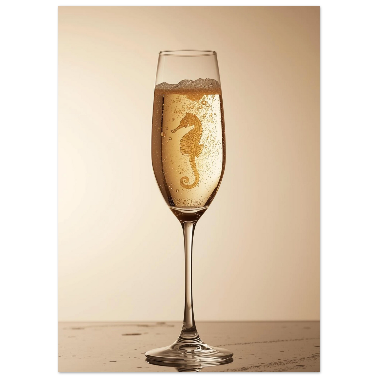 Detaljerad sjöhäst inuti ett bubblande glas, varm beige bakgrund – konstnärlig print
