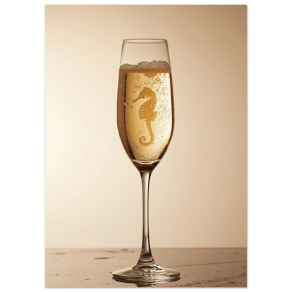 Detaljerad sjöhäst inuti ett bubblande glas, varm beige bakgrund – konstnärlig print