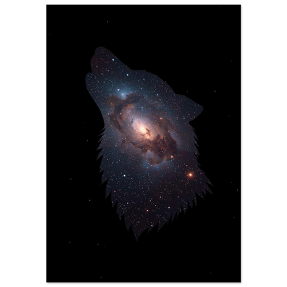 Ylande varg i profil fylld med stjärnor och galaxer – rymdposter