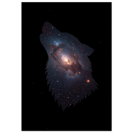Ylande varg i profil fylld med stjärnor och galaxer – rymdposter