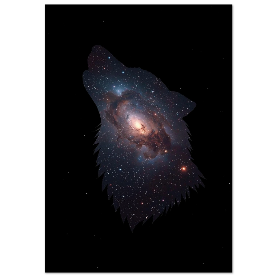 Ylande varg i profil fylld med stjärnor och galaxer – rymdposter