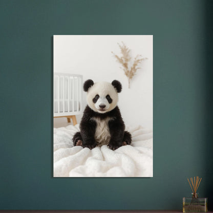 Bedårande pandabebis med oskuldsfull blick, mjuk och lugn atmosfär.