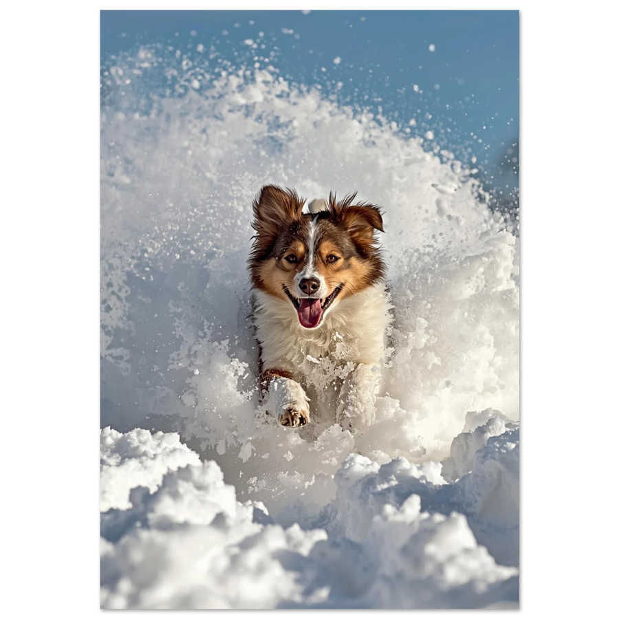 Glad Australian Shepherd rusar genom djup snö i solljus – hundposter