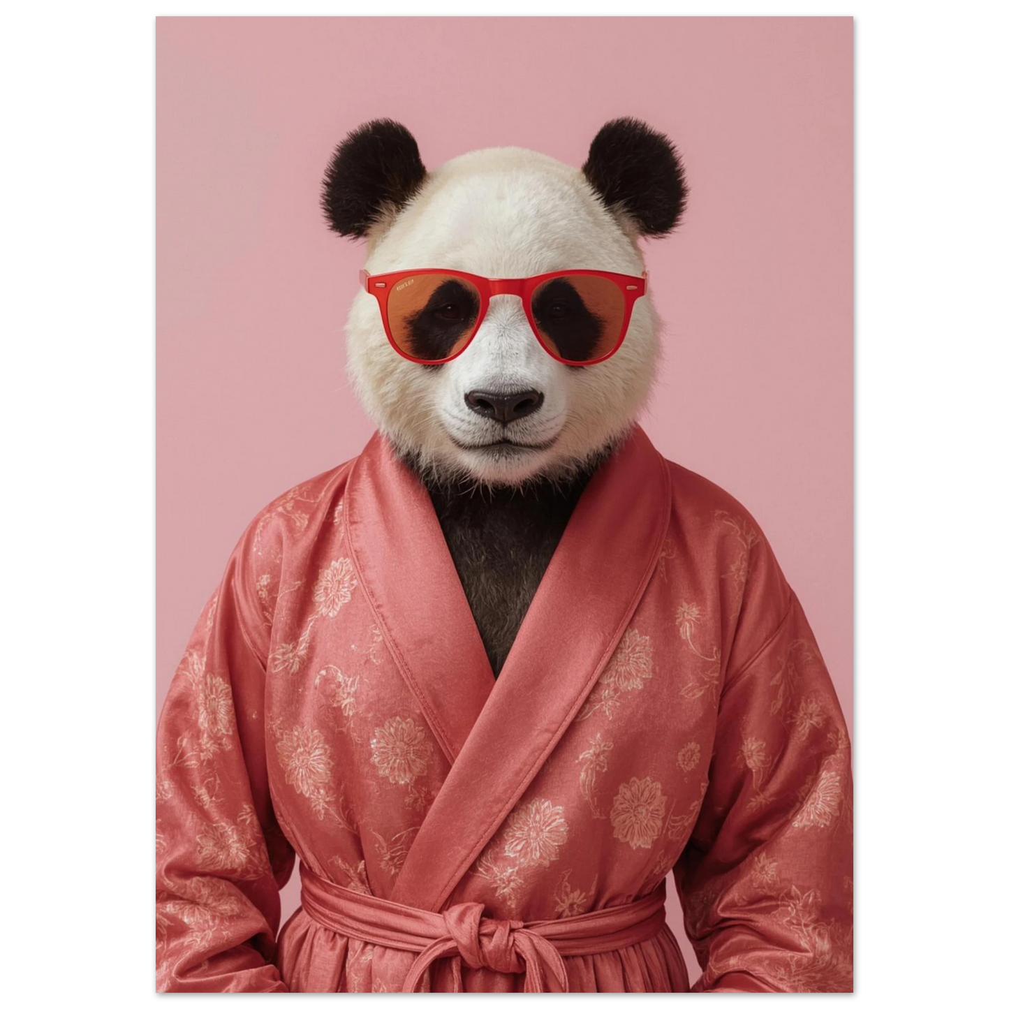 Närbild på panda i korallfärgad sidenrock med blommönster på rosa bakgrund