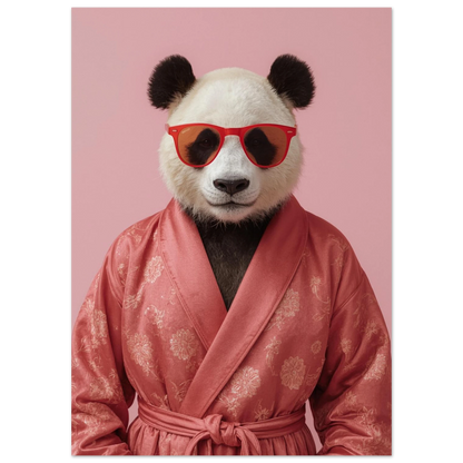 Närbild på panda i korallfärgad sidenrock med blommönster på rosa bakgrund