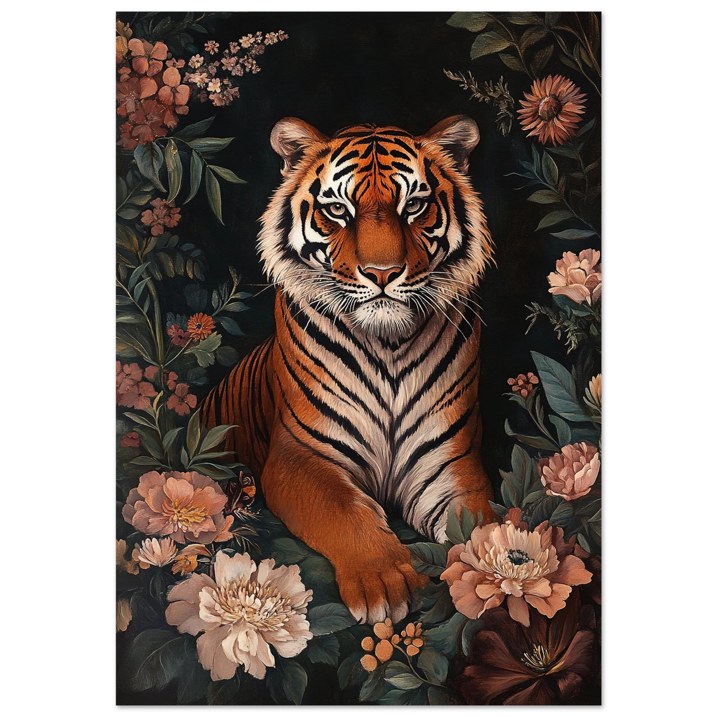 Oljemålning av en tiger vilande bland rosa pioner och mörkt bladverk