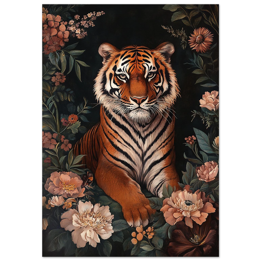 Oljemålning av en tiger vilande bland rosa pioner och mörkt bladverk