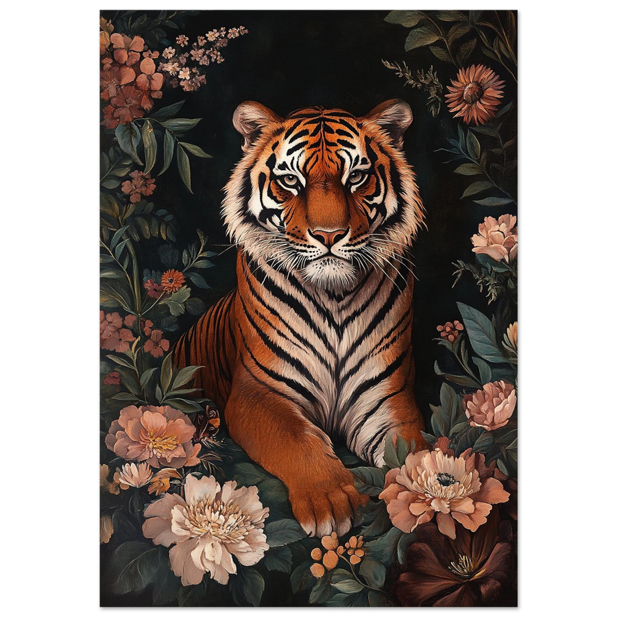 Oljemålning av en tiger vilande bland rosa pioner och mörkt bladverk