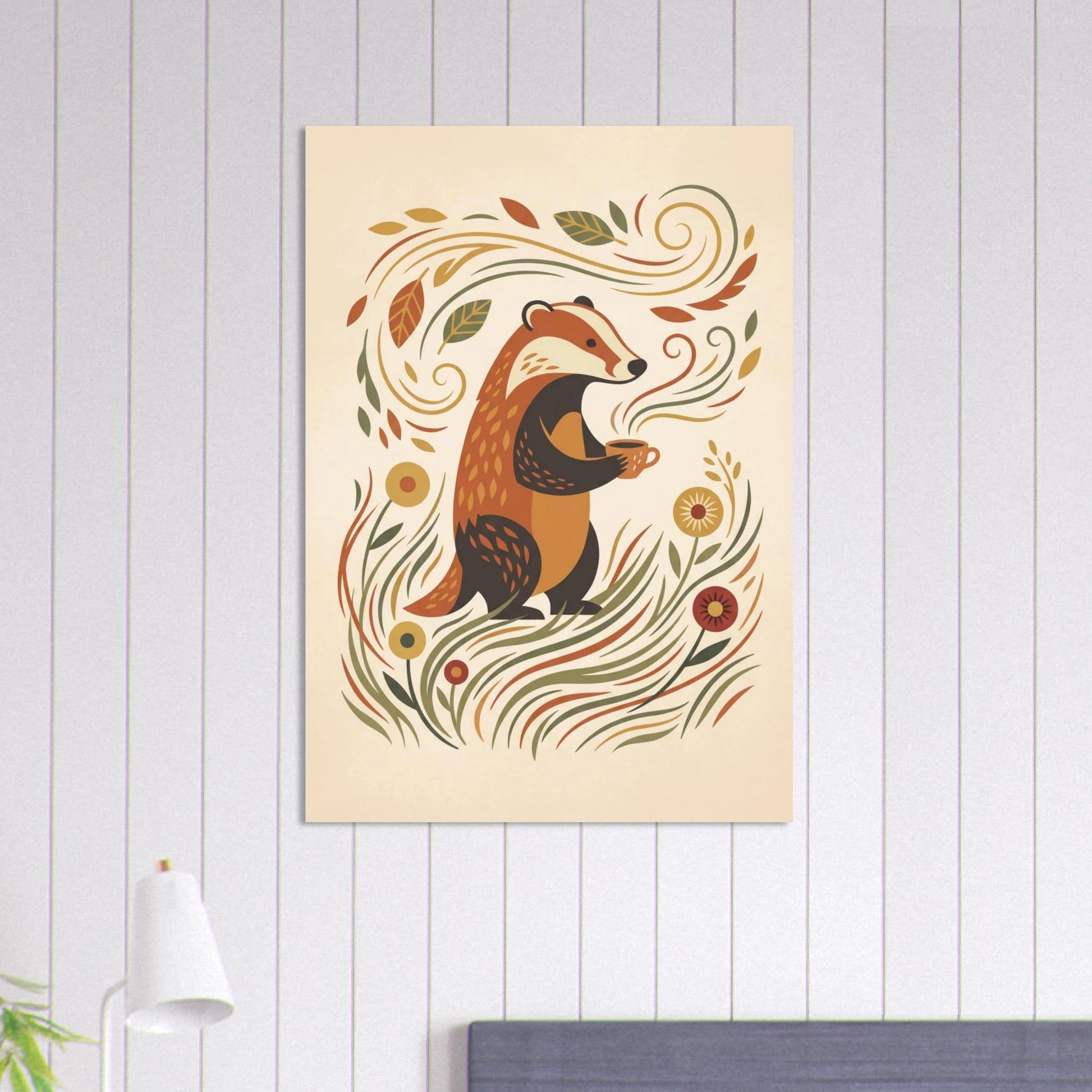Poster med tecknad grävling på en vägg ovanför en säng – Tecknad poster
