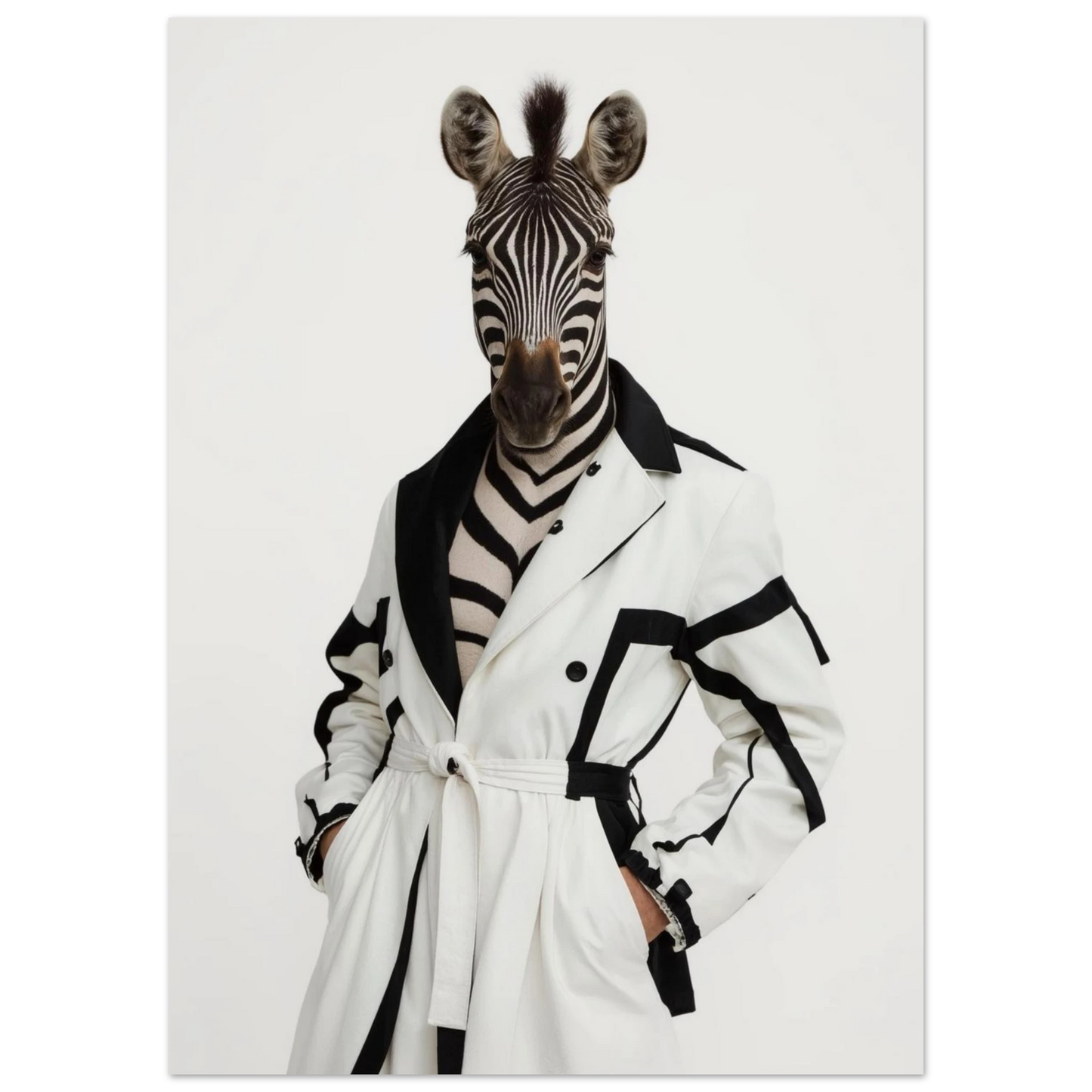 Närbild på zebra i stilren vit trenchcoat – grafiskt djurmotiv