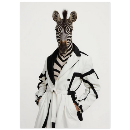 Närbild på zebra i stilren vit trenchcoat – grafiskt djurmotiv