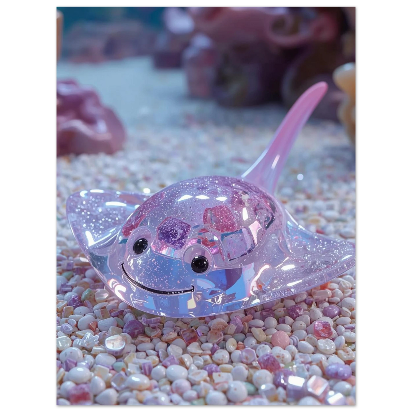 Närbild på en fantasifull rocka skapad av genomskinligt rosa socker