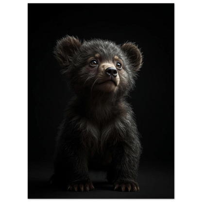 Björnunge med mjuk päls och uttrycksfulla ögon, sittande mitt på bilden – Fotorealistisk poster