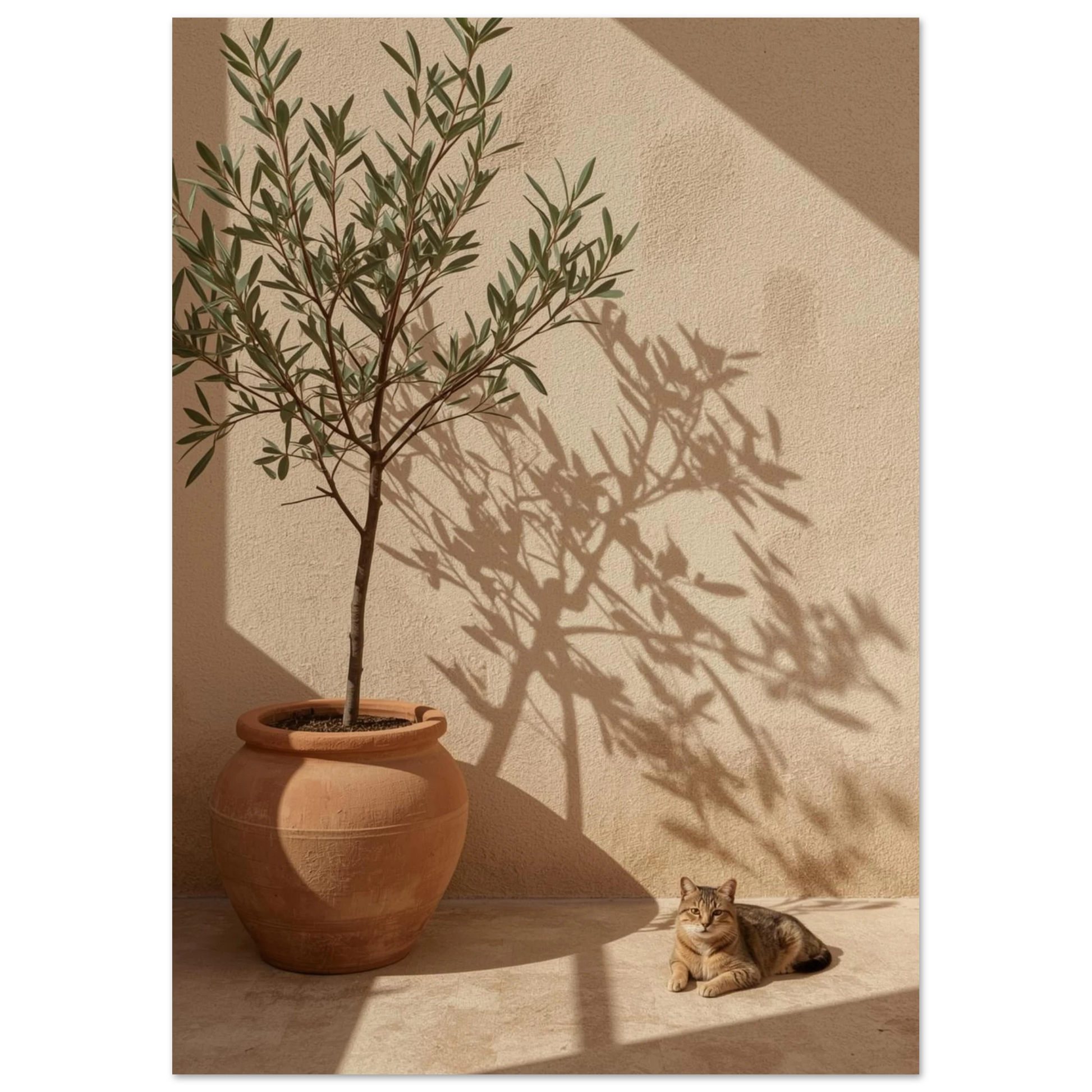Solsida med vilande katt och lerkruka – varm beige djurposter