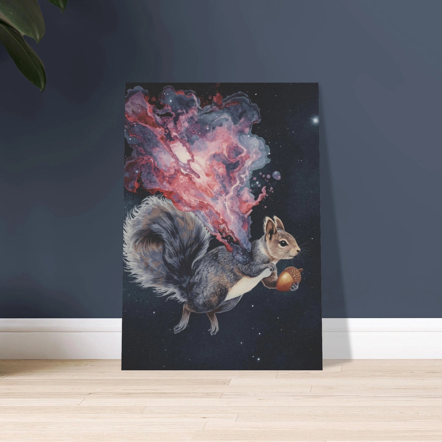 Ekorre med en ekollon, omgiven av en färgglad rymdnebulosa i akvarell.