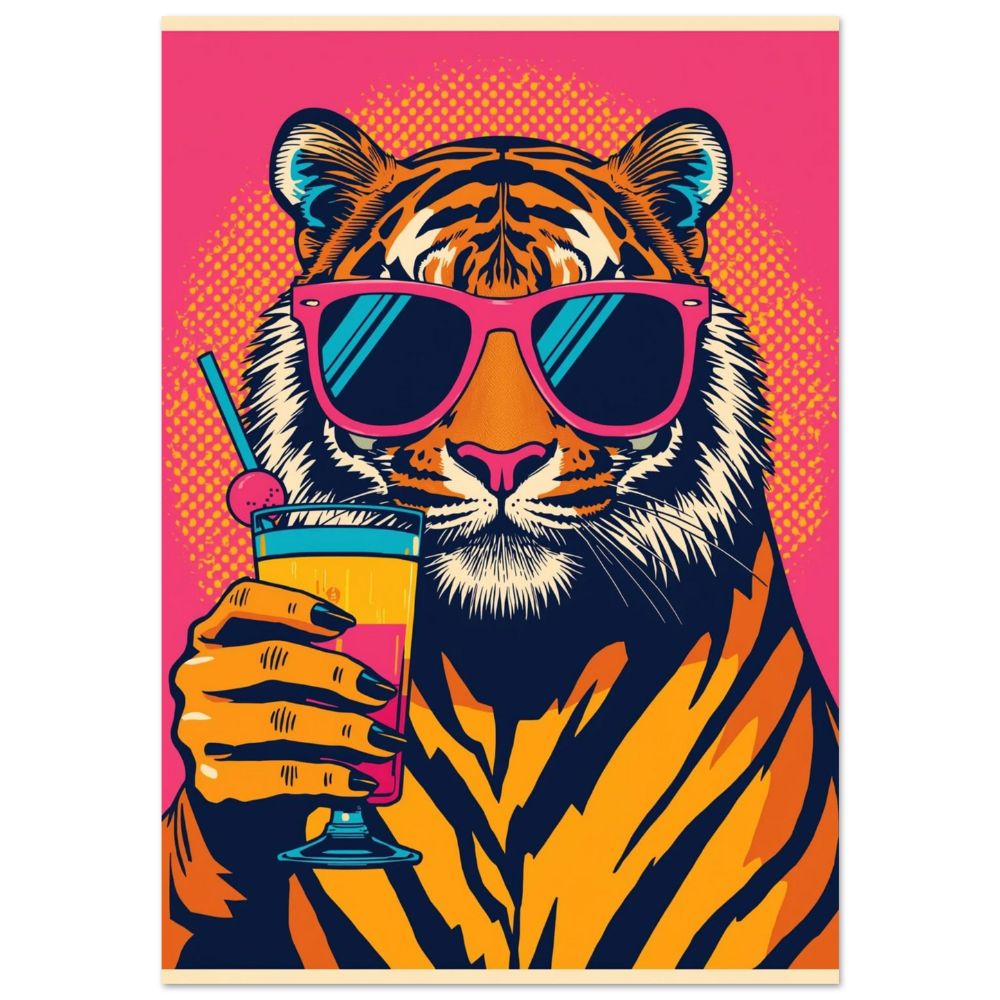 Tiger med rosa solglasögon och cocktail mot neonrosa bakgrund – pop art poster