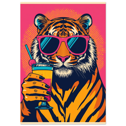 Tiger med rosa solglasögon och cocktail mot neonrosa bakgrund – pop art poster