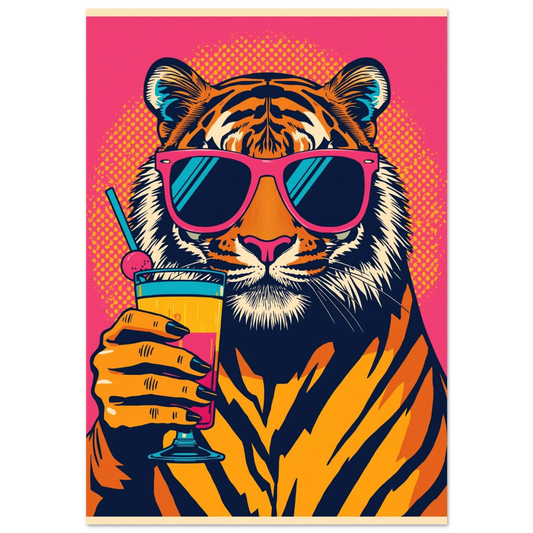 Tiger med rosa solglasögon och cocktail mot neonrosa bakgrund – pop art poster
