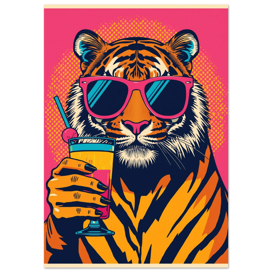 Tiger med rosa solglasögon och cocktail mot neonrosa bakgrund – pop art poster