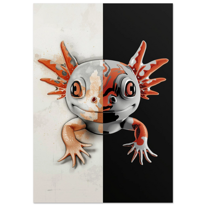 Axolotl i dualistisk design med vit bakgrund och orangea detaljer